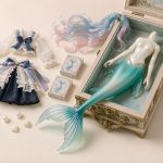 潘妮的宝盒（ペニーズ・ボックス）のイメージ——宝箱・人魚体BJD・ドール衣装・盲盒のフラットレイ