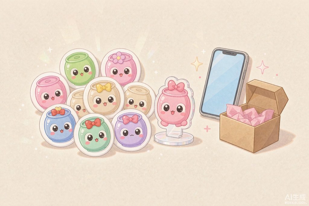 拼团呀（ピントゥアンヤー）のイメージイラスト——缶バッジとアクリルスタンドの共同購入