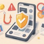 微店（ウェイディエン）の安全性検証のイメージ——盾に守られたスマホ・フィッシングの鉤・警告マーク